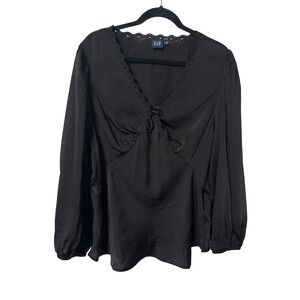 Gap Womens Black Eyelet Trim V-Neck Empire Waist Bishop Sleeve Blouse XL 519751